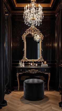 Dark Aesthetic Decor Dark Elegance Aesthetic, Black And Gold Room, Dark Loft, Aesthetic Decor Ideas, Dark Drapes, Dark Office, Matte Black Kitchen, Dark Bathrooms