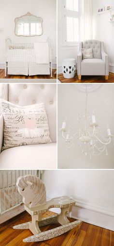 four different pictures of white furniture and decor in a room with wood floors, walls, and windows