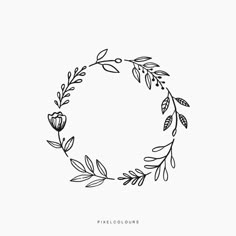 a black and white drawing of a wreath with leaves on it's sides, in the shape of a circle