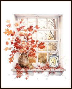 a painting of an autumn window with leaves on the windowsill and a lantern beside it