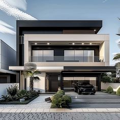 a car is parked in front of a modern house