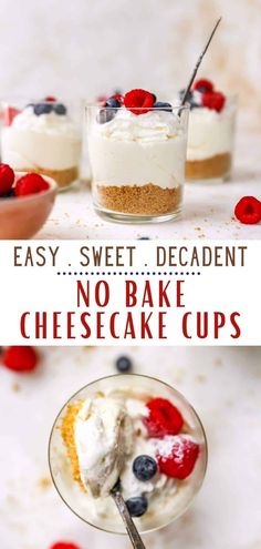 no bake cheesecake cups with berries and whipped cream