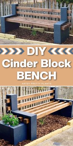 an outdoor bench made out of cinder blocks with plants growing in it and text overlay that reads diy cinder block bench