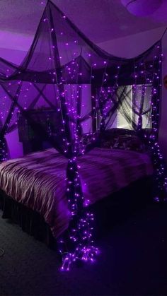 Cute Goth Bedroom Ideas, Goth Glam Bedroom Ideas, Butterfly Inspired Bedroom, Black Bed Canopy With Lights, Purple And Black Bedroom Decor, Goth Bed Canopy, Purple Bed Canopy, Black And Purple Room Ideas, Purple Canopy Bed