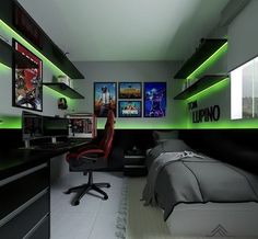 a bedroom with green lighting and pictures on the wall above the bed, along with a computer desk