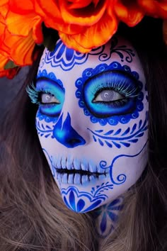 Blue Dia De Los Muertos Makeup Ideas, Dia Del Muerto Make Up, Easy Dia De Los Muertos Makeup Ideas, Dia De Los Muertos Makeup Ideas, Halloween Makeup Terror, Calavera Makeup, Skull Make Up, Sugar Skull Face Paint