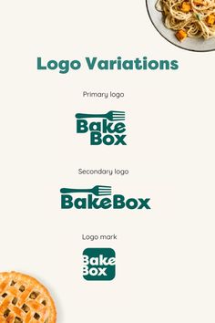 the logo variations for bake box are shown above an image of pies and pasta