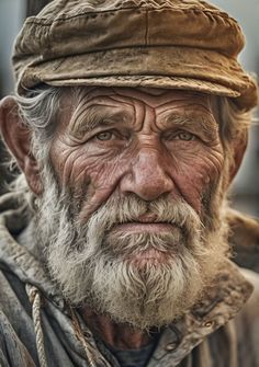 an old man with white hair and beard wearing a hat