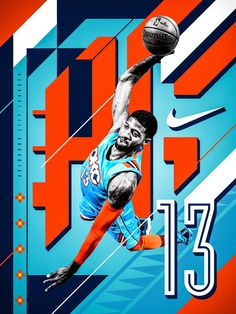 a basketball player dunking the ball in front of an orange, blue and white background