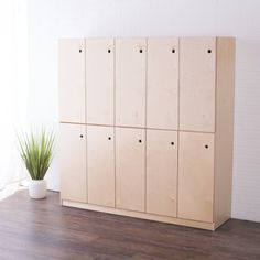 a wooden cabinet sitting on top of a hard wood floor next to a potted plant