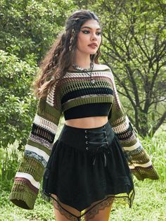 ROMWE Fairycore Summer Crochet Striped Pattern Drop Shoulder Crop SweaterI discovered amazing products on SHEIN.com, come check them out! Mode Shoes, Crochet Inspo, Sleeve Tattoo, Really Cute Outfits, Edgy Outfits, Inspired Outfits, Crochet Fashion, Knitwear Women, Cropped Sweater