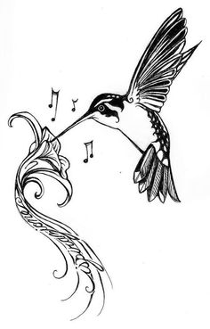 a drawing of a hummingbird flying with music notes