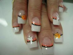 White tip pumpkin Halloween acrylic nails Halloween White Tip Nails, Diy Halloween Nail Art, Bat Nails Art, Scary Nails, Halloween Nail Art Ideas, Lisa Hair, Halloween Nails Diy