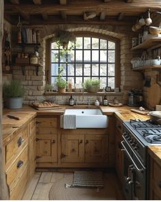 an old fashioned kitchen with wooden cabinets and windows