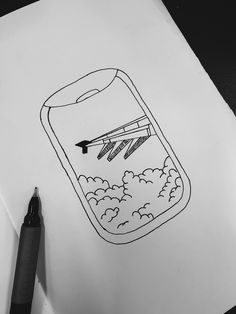 a drawing of a jar with an airplane flying in the sky above it and clouds below