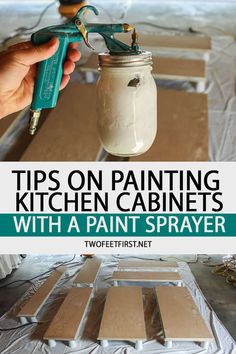 a person using a paint sprayer on kitchen cabinets with the words tips on painting kitchen cabinets with a paint sprayer