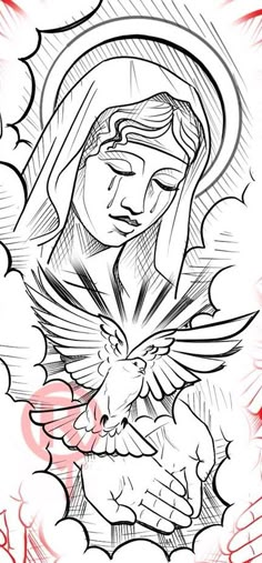 a drawing of the virgin mary holding a dove