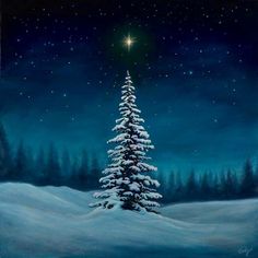 a painting of a christmas tree in the snow with a bright star above it,