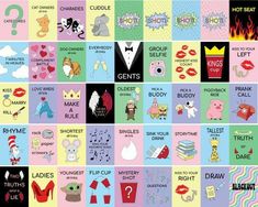 a poster with different types of cartoon characters and their names on it's squares