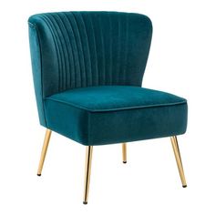 a teal chair with gold legs and a blue velvet upholstered backrest