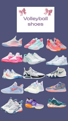 an advertisement for volleyball shoes with different colors and sizes on it's front cover