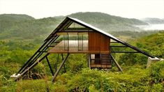 a small wooden structure in the middle of some bushes and trees with mountains in the background