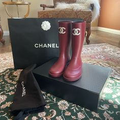 Brand New! Never Worn In Perfect Condition Has Serial/Authenticity Sticker Purchased In Paris Comes With Box, Dust Bag Luxury Red Boots For Women, Channel Rain Boots, Chanel Rainboots, Chanel Rain Boots, Luxury Red Ankle Boots, Red Waterproof Rain Boots, Boots Chanel, Calf High Boots, Navy Chanel