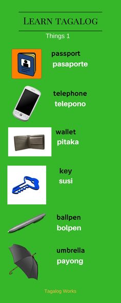 a green poster with different types of items on it, including an umbrella and cell phone