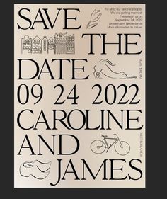 the poster for save the date, featuring bicycles and names in black on a white background