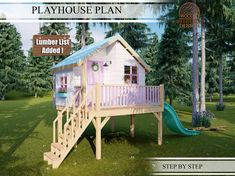 a wooden play house with stairs and a slide in the grass next to it is an advertisement for a children's toy store