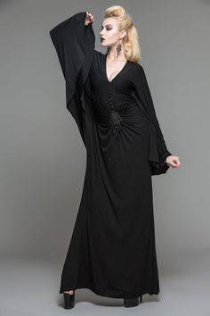 Black Dress Gothic, Art Deco Gown, Twenties Style, Dark Boho, Long Black Maxi Dress, Batwing Dress, Deep V Neck Dress, High Waist Dress, Statement Dress