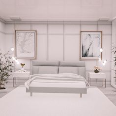 a white bed sitting in a bedroom next to two planters on either side of the bed