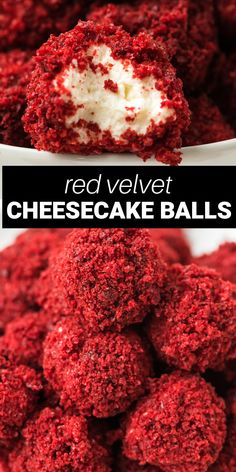 red velvet cheesecake balls on a white plate with the words, red velvet cheesecake balls