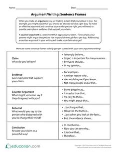 an argument worksheet for writing sentences