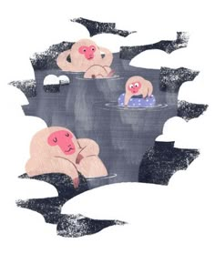 an image of three people floating in the water with their faces covered by snow and clouds