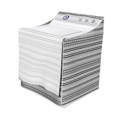 a white and black striped tissue dispenser on a white background with the lid open