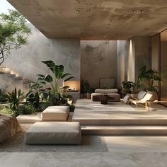 an outdoor living area with couches, tables and potted plants on the floor