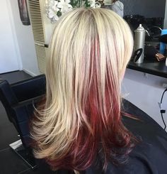 Hair With 2 Colors, Blonde Hair W Red Underneath, Blonde On Top Dark Red Underneath, Blonde Red Ombre Hair, Hair Dye Ideas Blonde And Red, Blonde Over Red Hair, Blonde Hair With Different Color Highlights, Red On Top Blonde Underneath Hair, Red Hair Dye Underneath Blonde