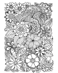 a coloring page with flowers and leaves