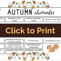 an autumn printable with the words,'click to print'and images of animals