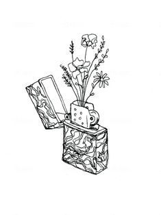 a black and white drawing of flowers in a vase