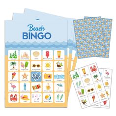 the beach bingo game is shown with matching cards