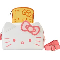 a white hello kitty purse with a pink bow on the front and a yellow toaster in the back