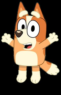 an orange and white cartoon dog with its arms wide open, looking surprised at the camera