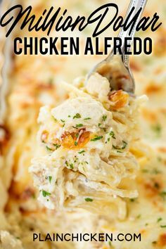 a spoon full of chicken alfredo in a casserole dish with text overlay