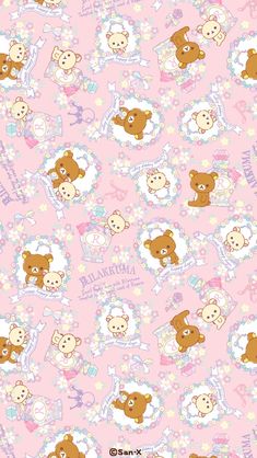 a pink wallpaper with teddy bears and flowers on it's side, in the shape of hearts