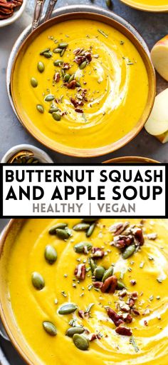 two bowls filled with butternut squash and apple soup