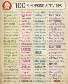 a poster with words that say 100 fun spring activities