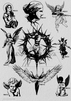 an image of angels and demons in different poses, with the names of them on it