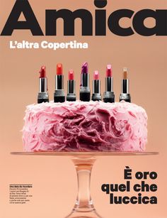 a magazine cover with lipstick on it and an image of a cake in the middle